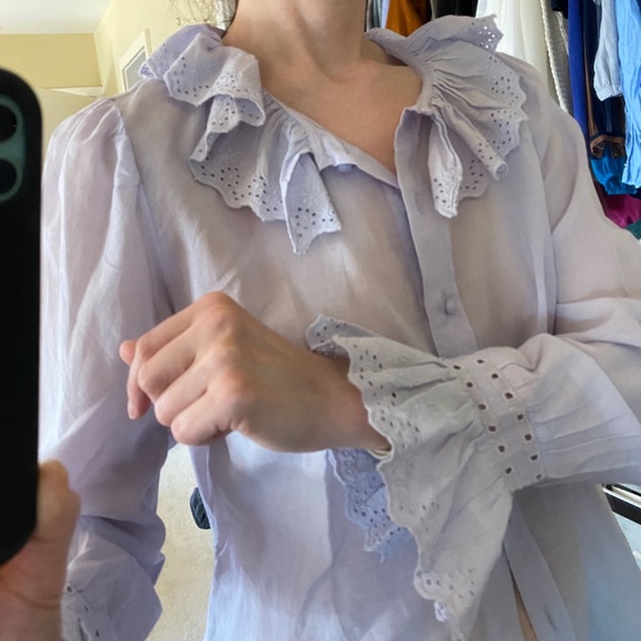 J Crew Long Sleeve Embroidered Ruffle-Collar Button Down Shirt with Eyelet - Picture 8 of 9